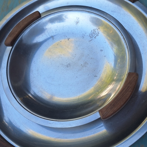 Vintage Stainless Steel Tray Teak Wood Handles MCM Metal Platter Modern Display - Picture 14 of 15